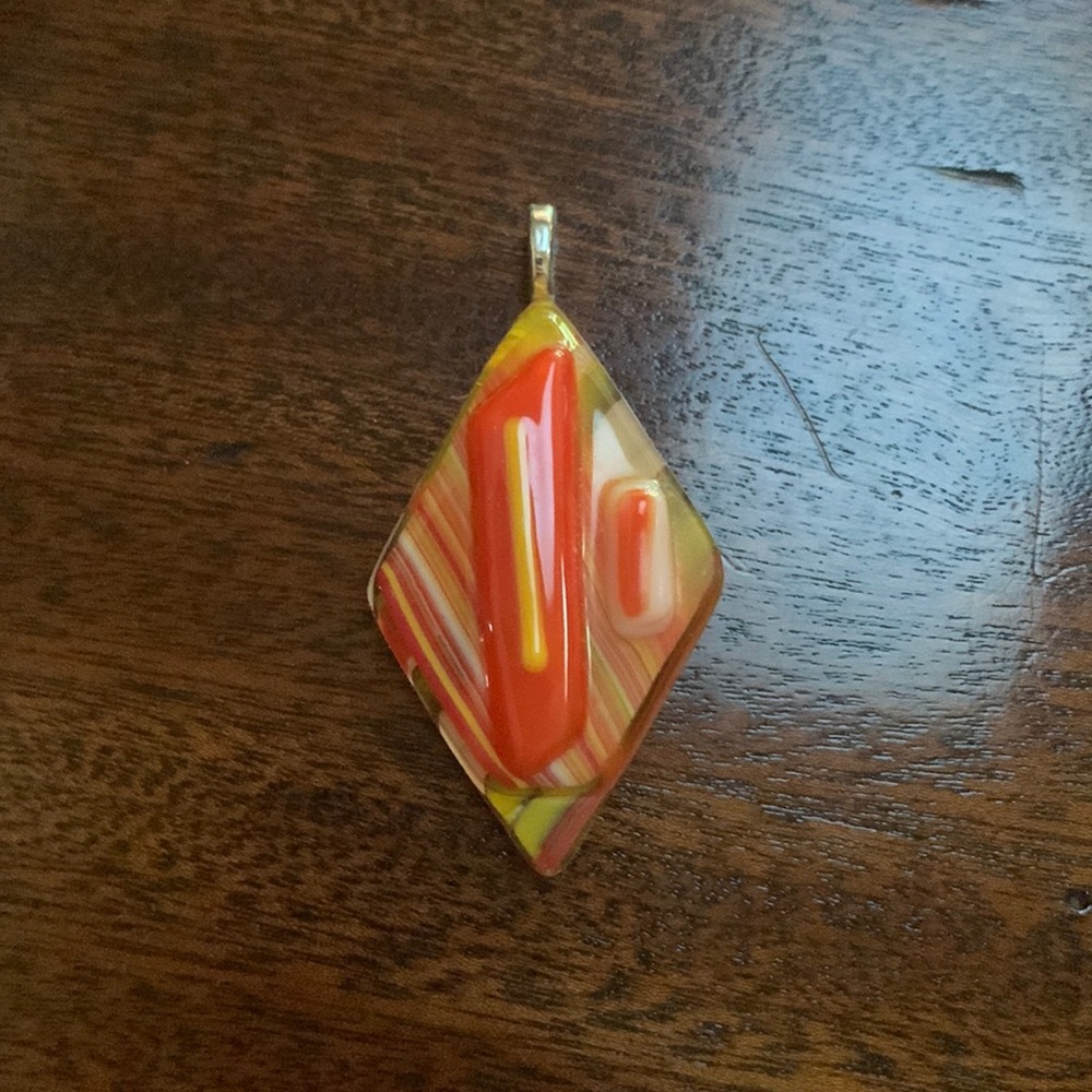 Pendant glass fused  diamond shaped. Yellow/orange and white